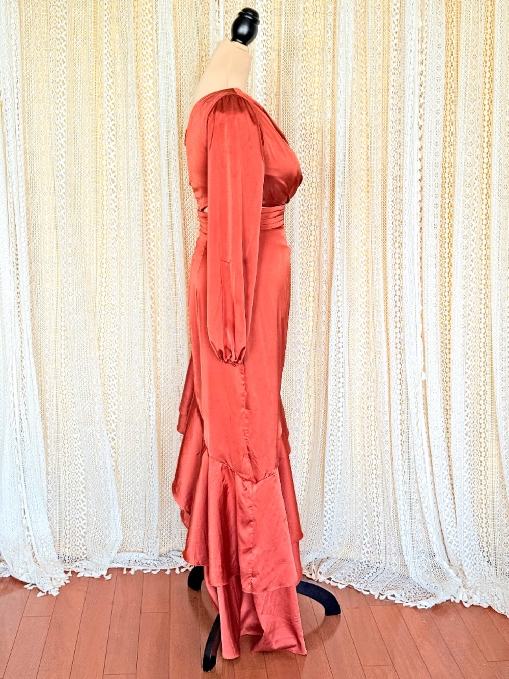 Sultry Flamenco Orange Satin One Shoulder Cutout Ruffle Formal Gown Luxxel Sz M - Picture 9 of 17